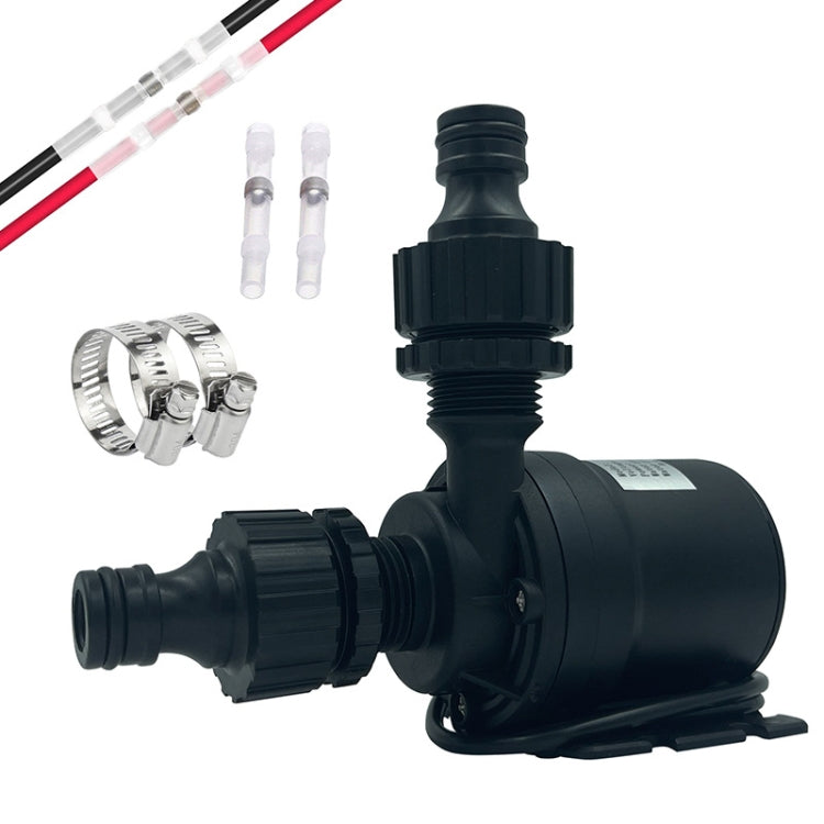 Black DC booster pump with threaded connectors, clamps, and visible wiring leads