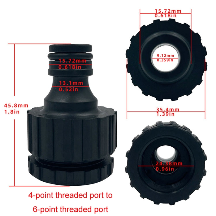 Black threaded port fitting with dimension diagram and cross-section view