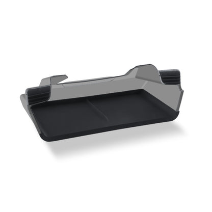 Translucent black screen storage box with vented side grilles and flat tray