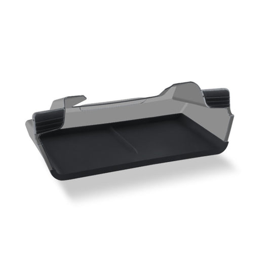 Angled view of translucent black screen storage box with open flat tray