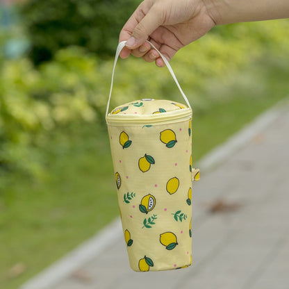 Insulated milk tea cup tote bag in yellow with lemon and plant print, carry handle.
