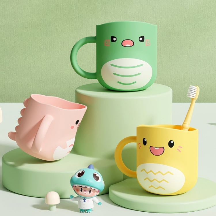 Assorted cute dinosaur baby cups with handles in pink, green, and yellow