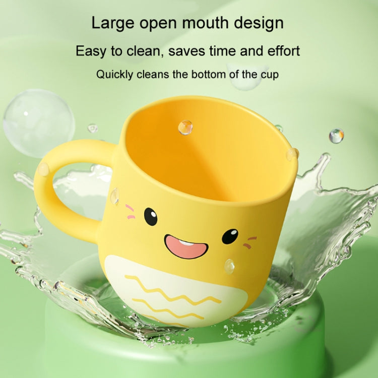 Yellow dinosaur baby cup splashing water, with smiling cartoon face