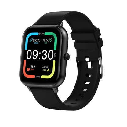 Black smartwatch with a square touch screen, health stats display and adjustable silicone strap.