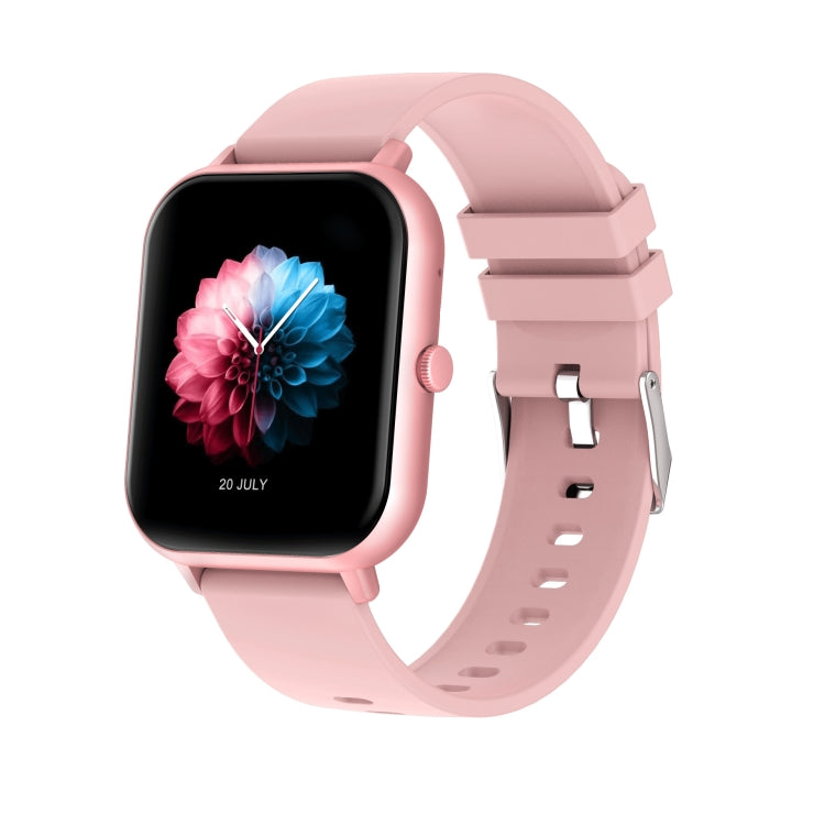 Pink smartwatch with a square touch screen, floral watch face and adjustable silicone strap.