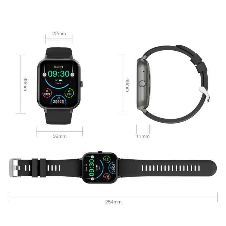 Black square smartwatch shown front, side, and with strap extended; 39 mm case and 22 mm band