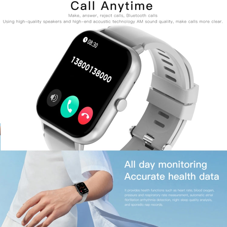 Silver smartwatch with a light gray strap displaying call controls on its touch screen.