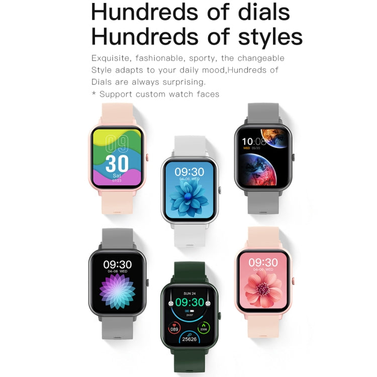 Smartwatches in pink, white, gray, black and green with assorted digital watch faces.