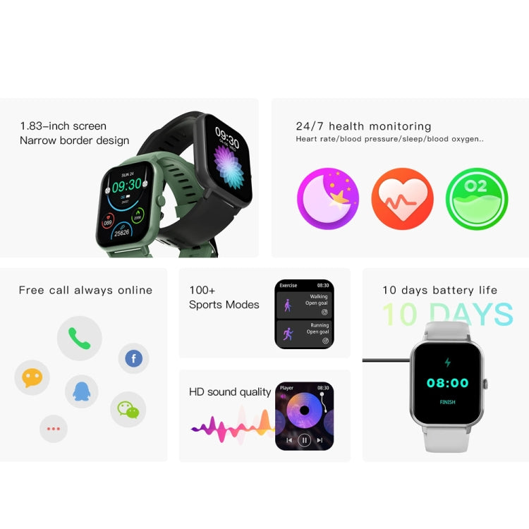 Smartwatch feature collage showing health tracking, sports modes, calls and battery life.