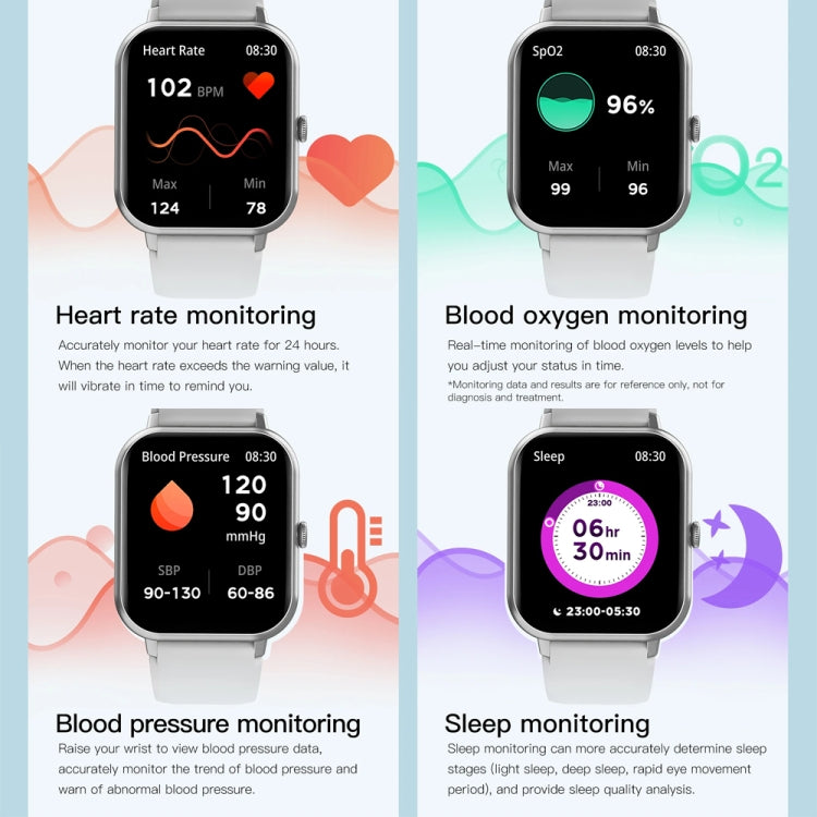 Smartwatch with a square black touch screen, white strap, and heart rate, blood oxygen, blood pressure, and sleep displays