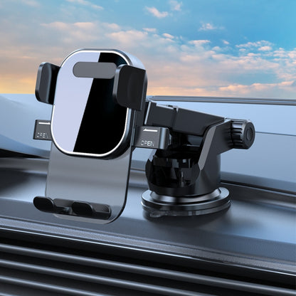 Dashboard phone holder with light-gray glossy cradle, adjustable arm, and side clamps