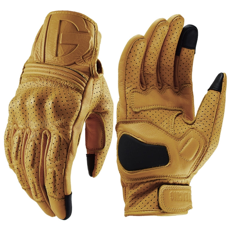 Motorcycle riding gloves in yellow with perforated finger panels and padded knuckles