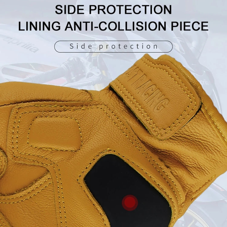 Motorcycle riding gloves with side protection patch on yellow full-finger cuff
