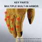 Motorcycle riding gloves with multiple padded armor sections on the back of hand