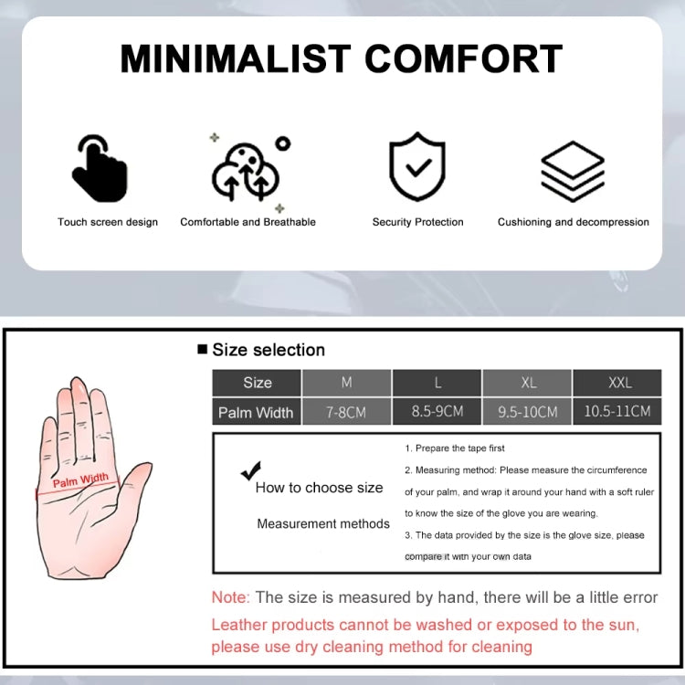 Motorcycle riding glove size chart and minimalist comfort feature icons