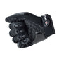 Close-up of black motorcycle gloves: armored knuckles and textured palm padding