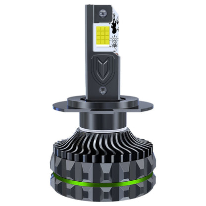 LED car headlight bulb with black heat sink fins and exposed LED chip module