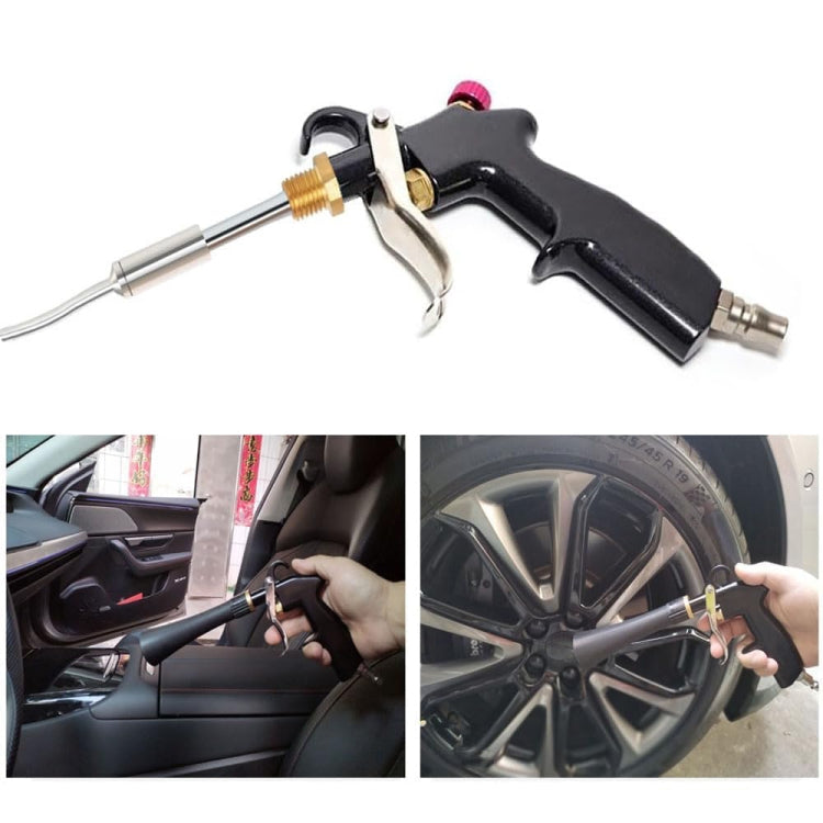 Handheld cleaning gun with metal wand, trigger handle, and brush heads