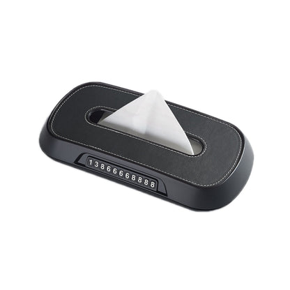 Car tissue box holder with hanging loop, black leather exterior and tissue opening