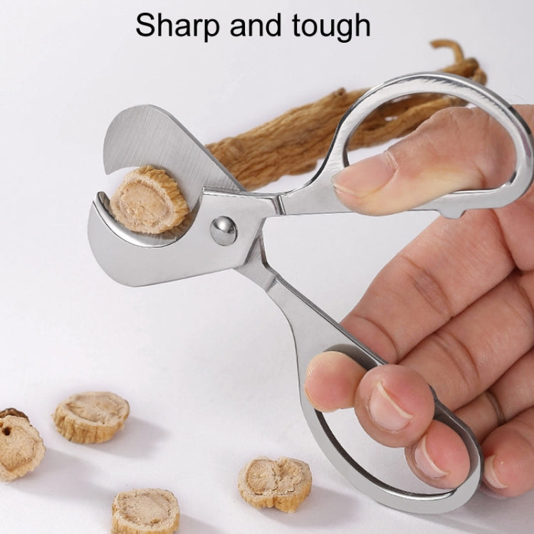 Stainless steel pill cutter scissors held in hand with rounded cutting head