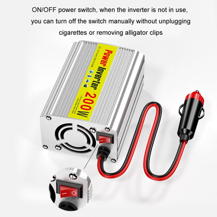 200W power inverter with ON/OFF switch, cooling fan grille, and AC socket