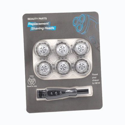 Replacement electric shaver shaving heads set in blister pack with six silver blades