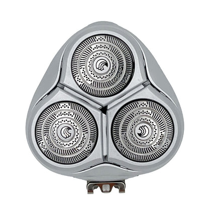 Foil shaver head with three rotating cutters, silver-gray housing and black cutter foils