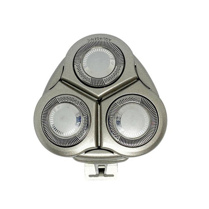 Three-blade metal shaver replacement head with circular foil cutters