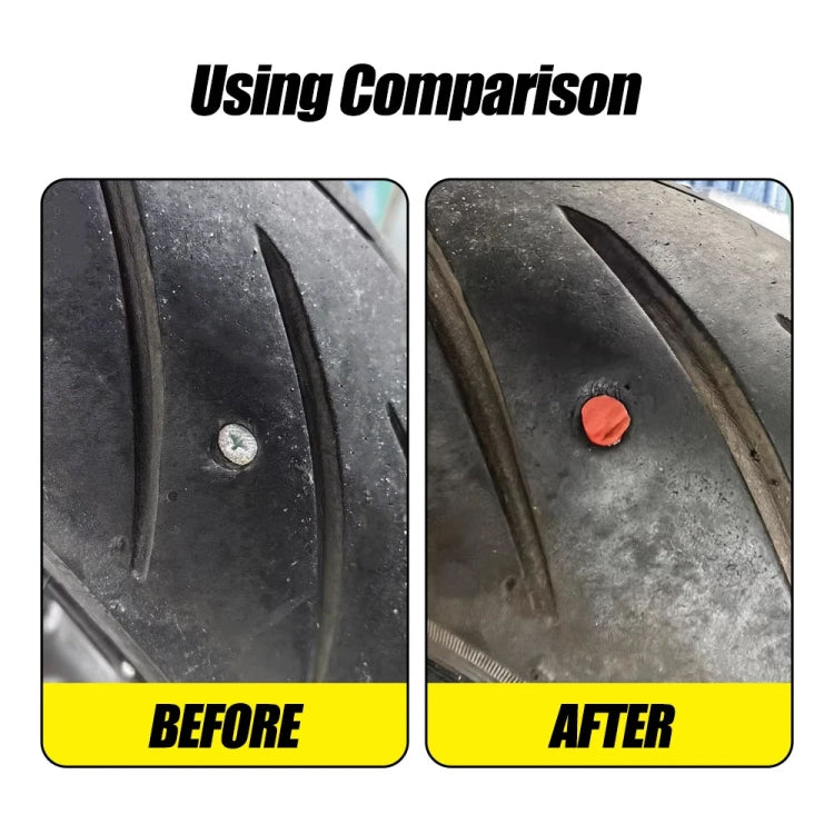 Red tire repair plug seated on tire tread after puncture repair