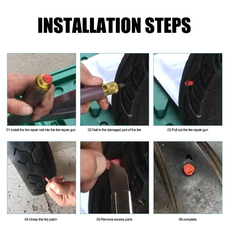Red tire repair mushroom plugs shown during installation steps