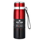 Red and black vacuum insulated stainless steel mug with metal lid and black wrist strap