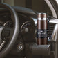 Vacuum insulated mug with stainless steel lid and dark band, on-the-go handle strap