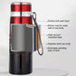 Vacuum insulated stainless steel mug with red and black finish, carry loop handle