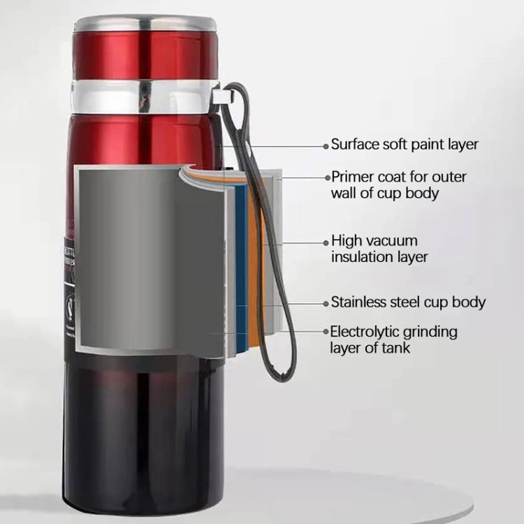 Vacuum insulated stainless steel mug with red and black finish, carry loop handle