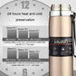 Champagne vacuum thermos mug with carry handle and black 'VACUUM' label band