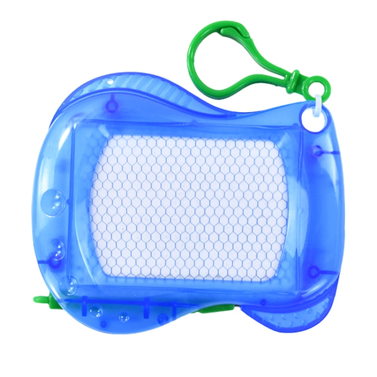Blue mini magnetic writing board with white grid screen and green keychain handle.