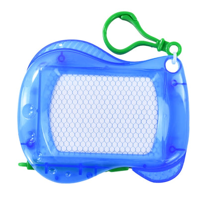 Blue mini magnetic writing board with white grid screen and green keychain handle.