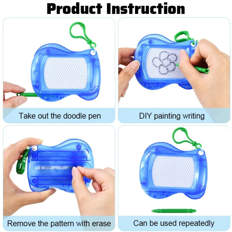 Blue mini magnetic writing board with white grid screen, green keychain and stylus.