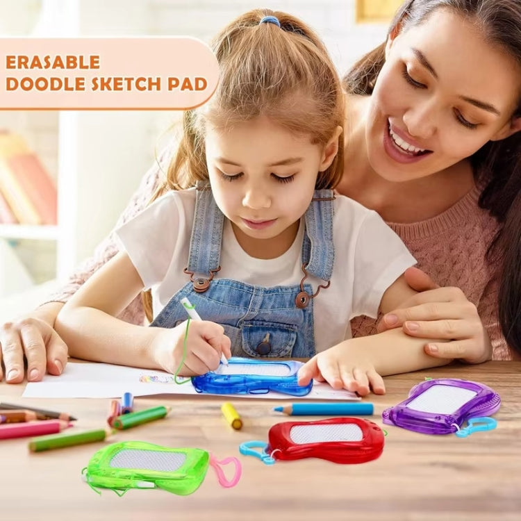Child using a blue mini magnetic drawing board with stylus during playtime.