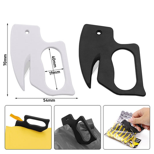 Two letter openers (white and black) with cutting blade shapes.
