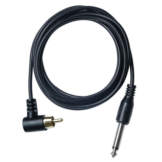 Black power cord with RCA plug and 3.5mm connector, coiled cable with molded ends