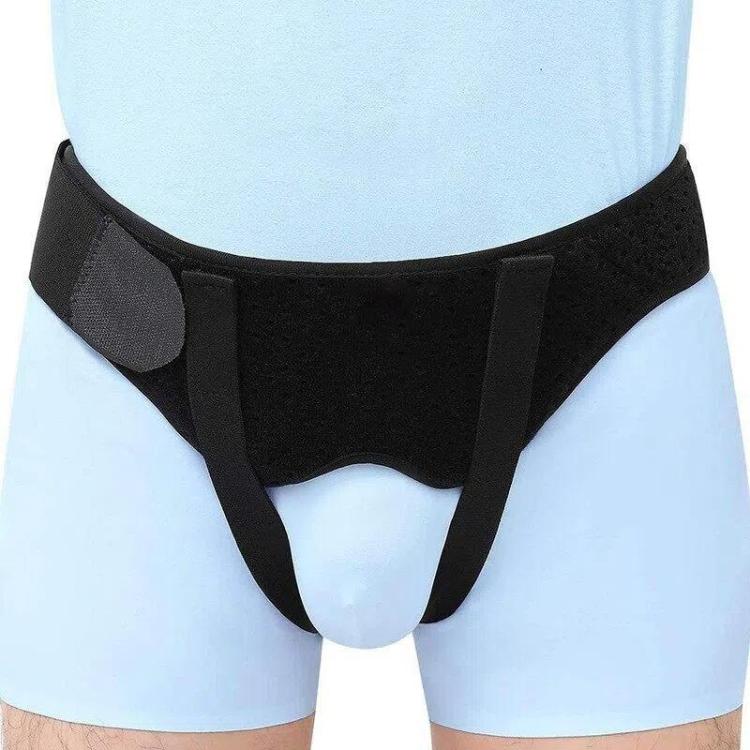Adult hernia belt in black fabric with front groin shield and side support bands