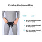 Hernia support belt size chart with hip measurements and belt shown on adult