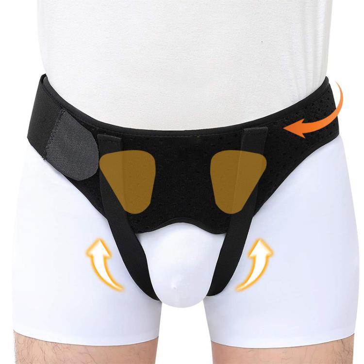 Adult groin hernia support belt with protective cups and adjustable waistband, black