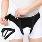 Adult groin support belt with hook-and-loop strap detail, black fabric, on waist