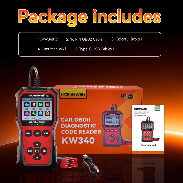 KONNWEI OBDII EOBD CAN Engine Code Reader Car Diagnostic Tool 9 Languages, KW340