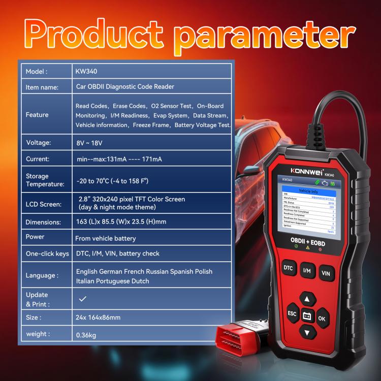 KONNWEI OBDII EOBD CAN Engine Code Reader Car Diagnostic Tool 9 Languages, KW340