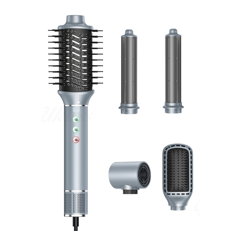 Gray hot air hair curling dryer kit with comb, two barrels, and oval brush nozzle