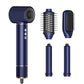 Blue hot air hair curling dryer with round barrel nozzle, comb head, and two extra tools