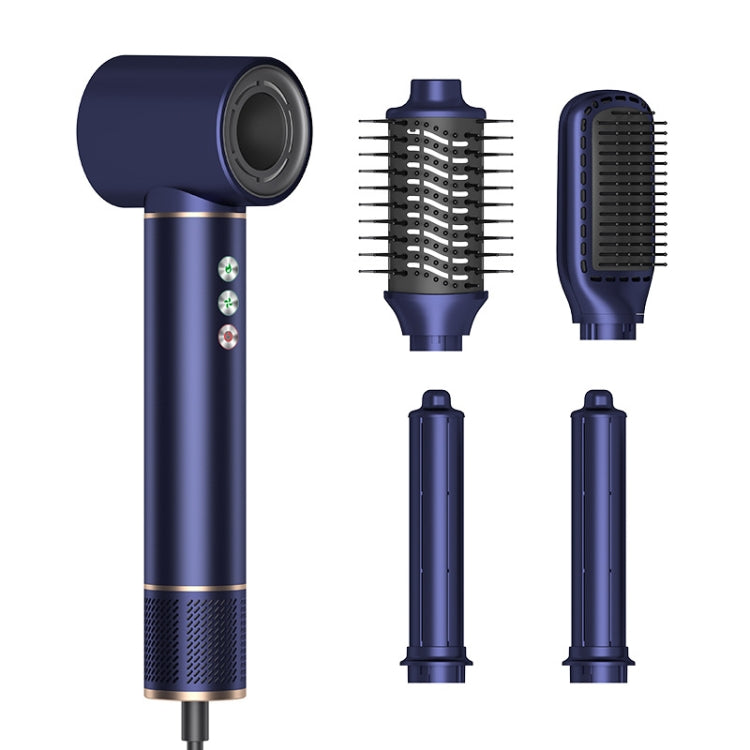 Blue hot air hair curling dryer with round barrel nozzle, comb head, and two extra tools